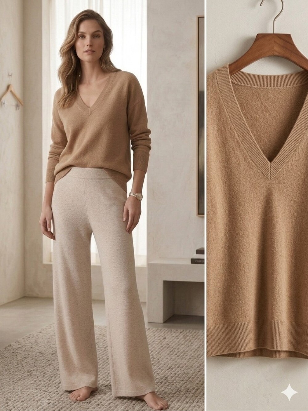 SAKS FIFTH AVENUE 100% Cashmere V-Neck Sweater In Soft Tan | S